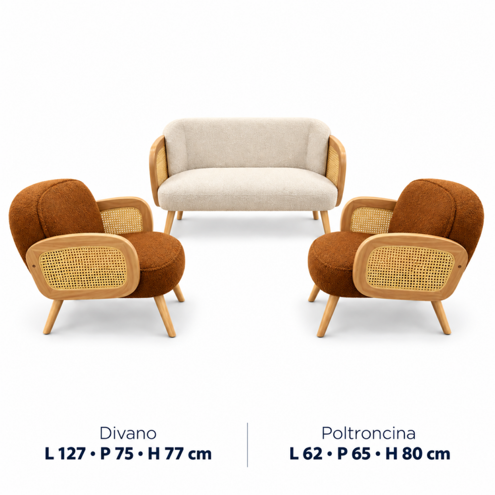 Set divano e due poltroncine cammello