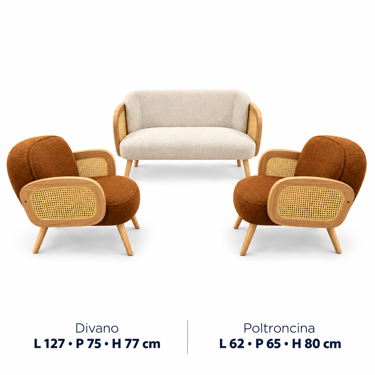 Set divano e due poltroncine cammello